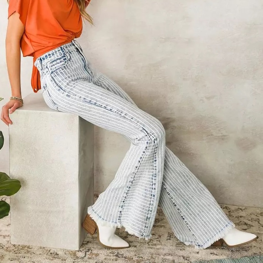 Blue and White Striped Flare Jeans